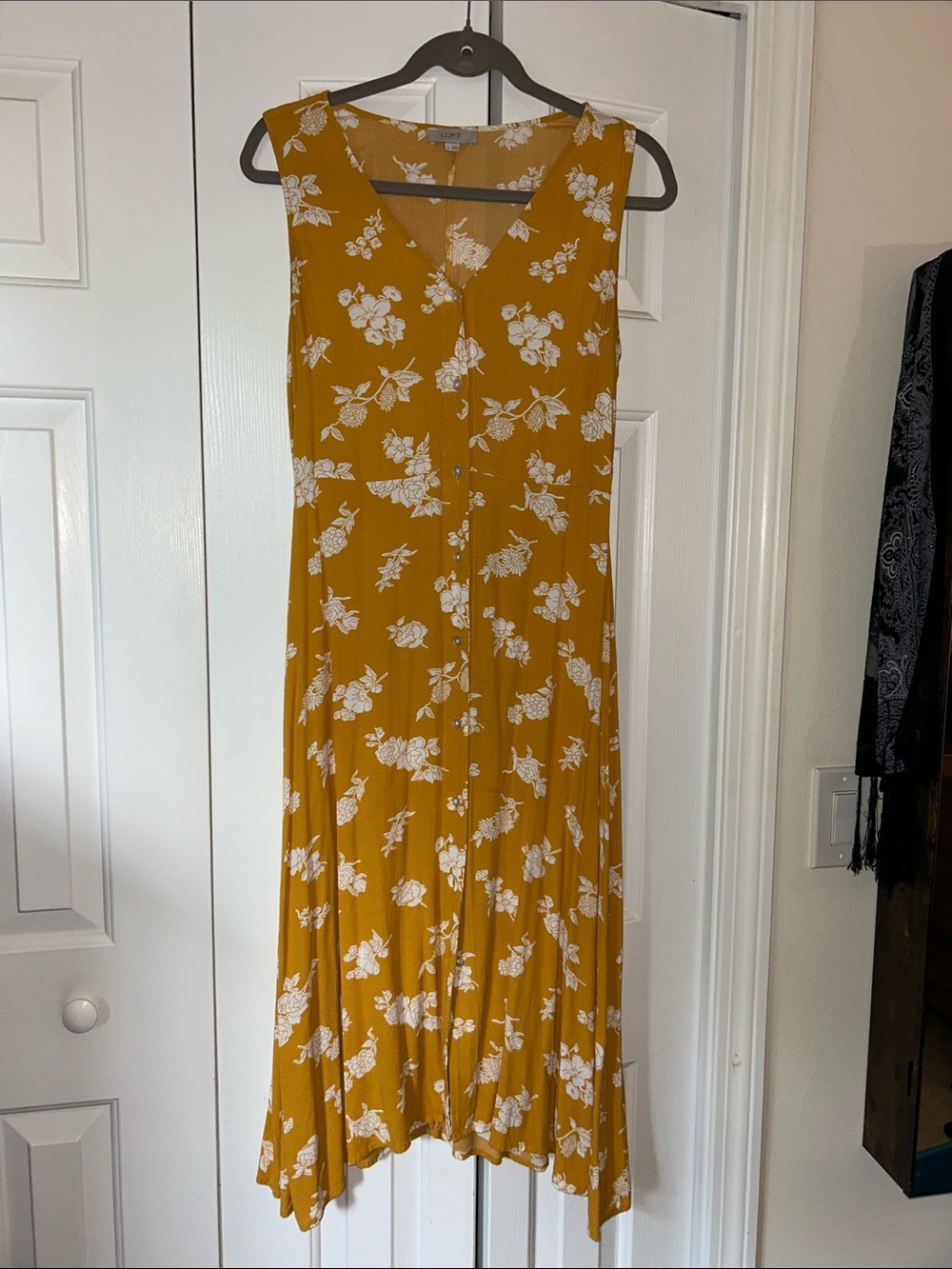 LOFT Mustard Yellow Floral Midi Button-Front Dress